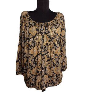 Michael Kors Size L Blouse Womens Paisley Print Black Orange Peasant Top